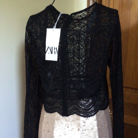 Zara Long sleeve scalloped hem lace top, black, large, NWTGS - Picture 3 of 8